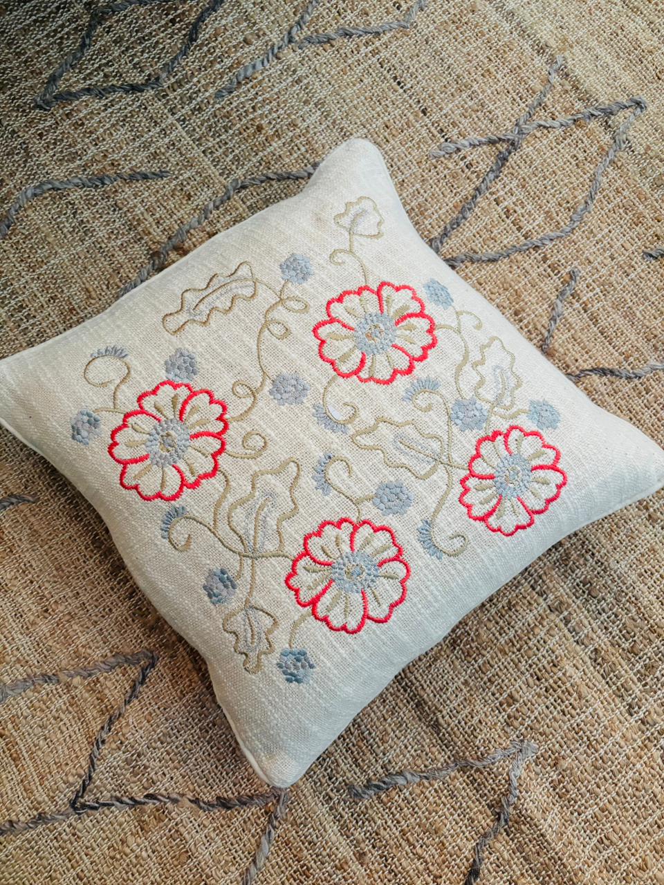 Pink & Blue Floral Embroidery Cushion Cover