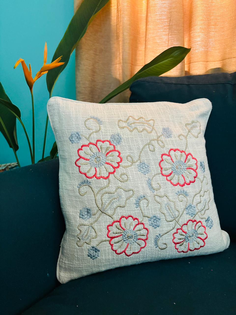 Pink & Blue Floral Embroidery Cushion Cover