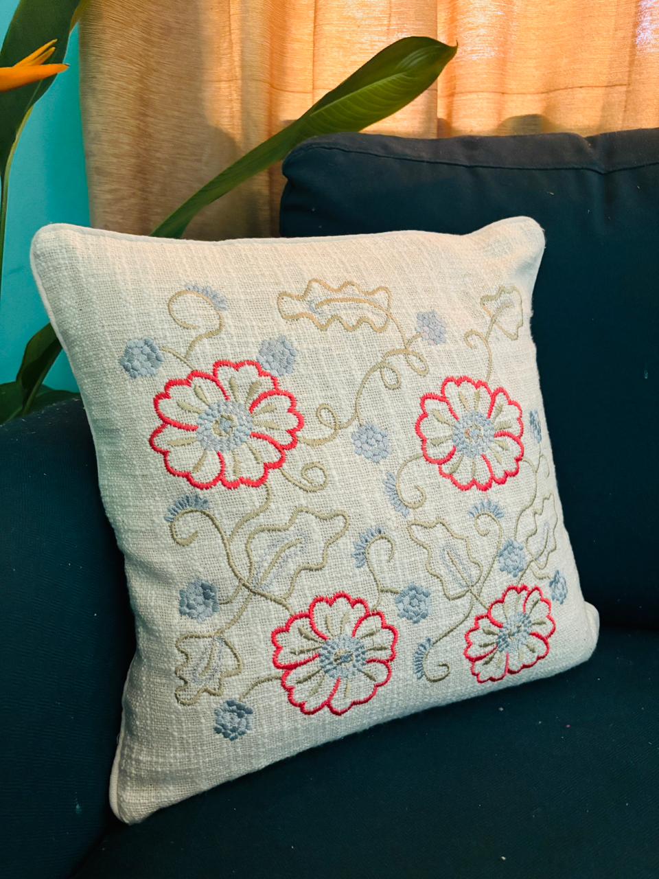 Pink & Blue Floral Embroidery Cushion Cover