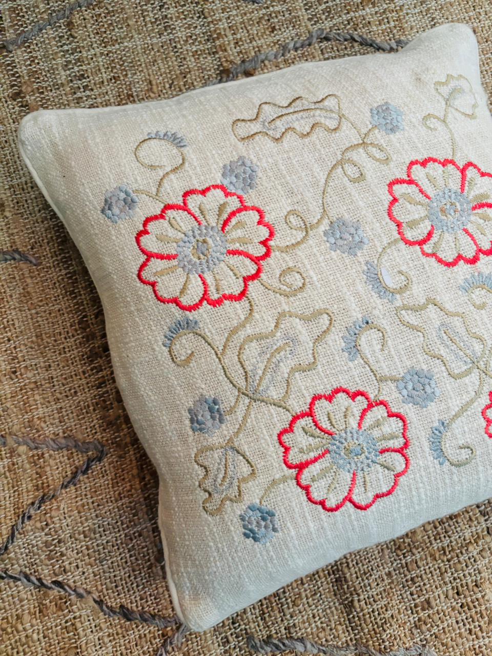 Pink & Blue Floral Embroidery Cushion Cover