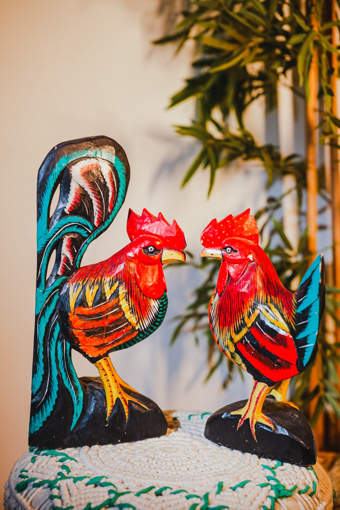 Wooden Rooster and Hen Pair