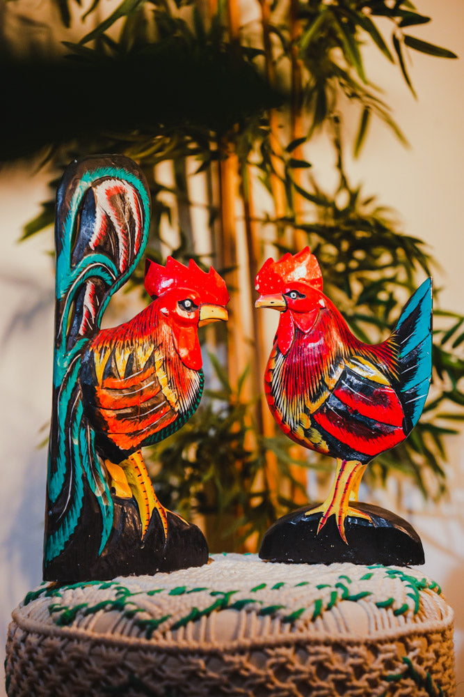 Wooden Rooster and Hen Pair
