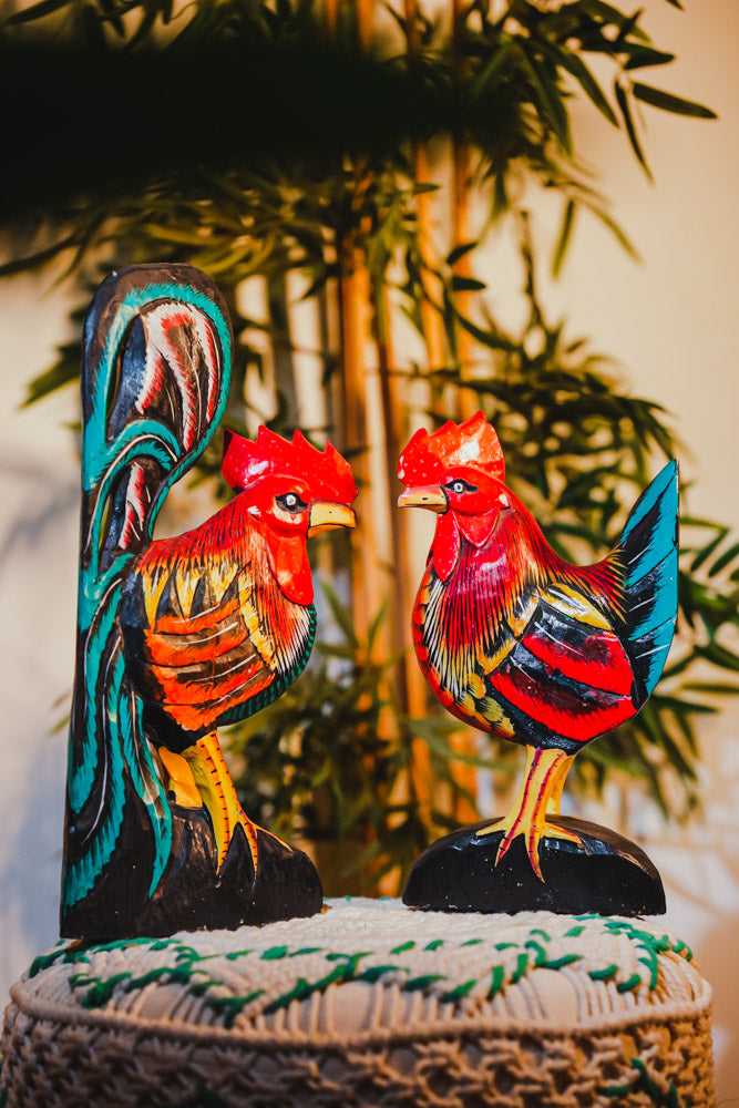 Wooden Rooster and Hen Pair