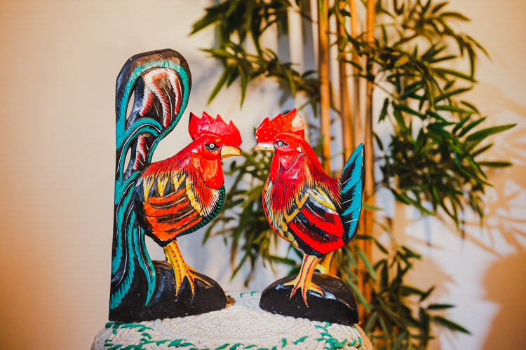 Wooden Rooster and Hen Pair
