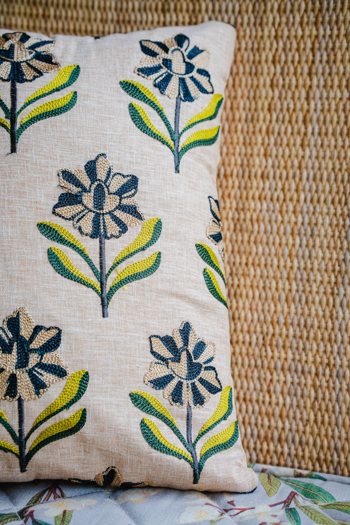 Floral Green Embroidery Cushion Cover