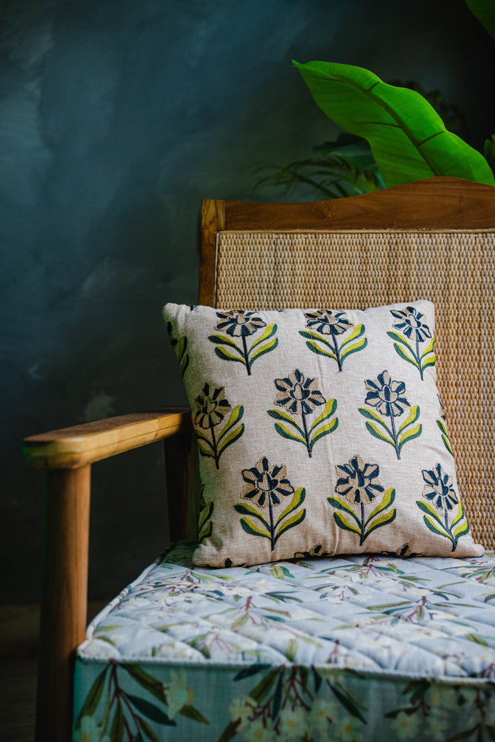Floral Green Embroidery Cushion Cover