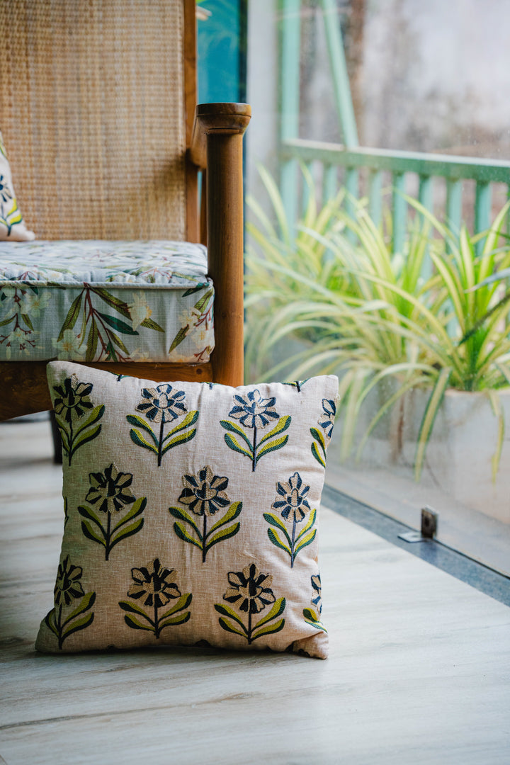 Floral Green Embroidery Cushion Cover