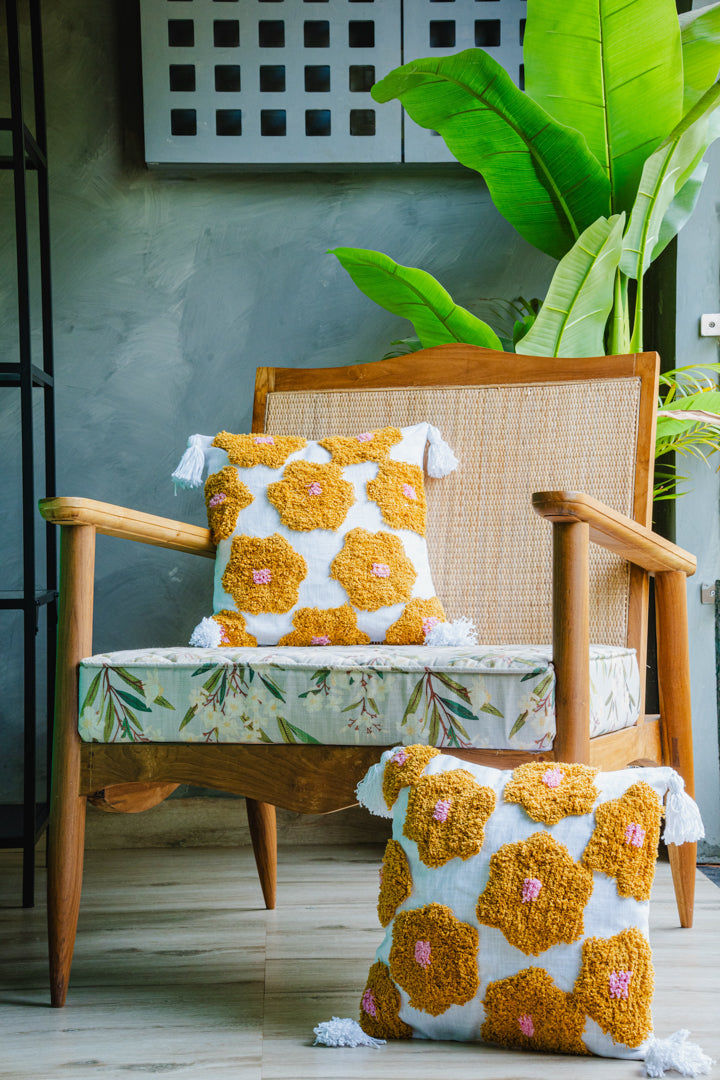 Yellow Floral Tufted Cushion Cover