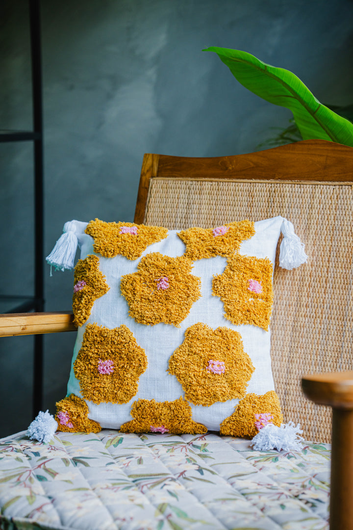 Yellow Floral Tufted Cushion Cover