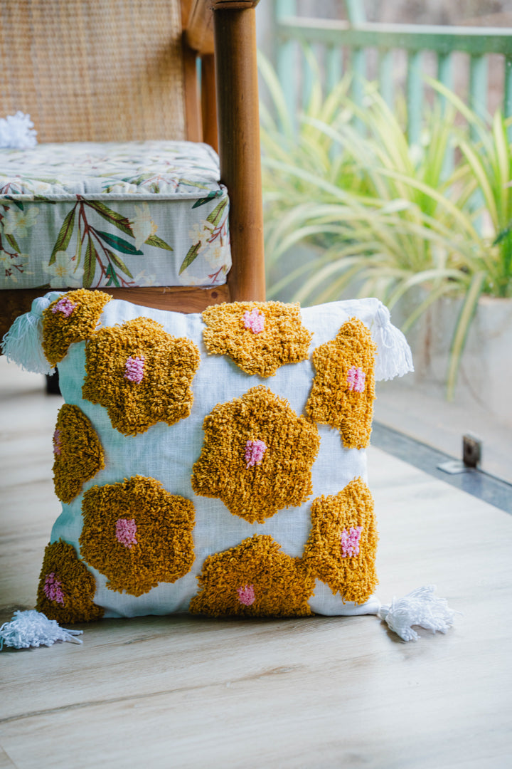 Yellow Floral Tufted Cushion Cover