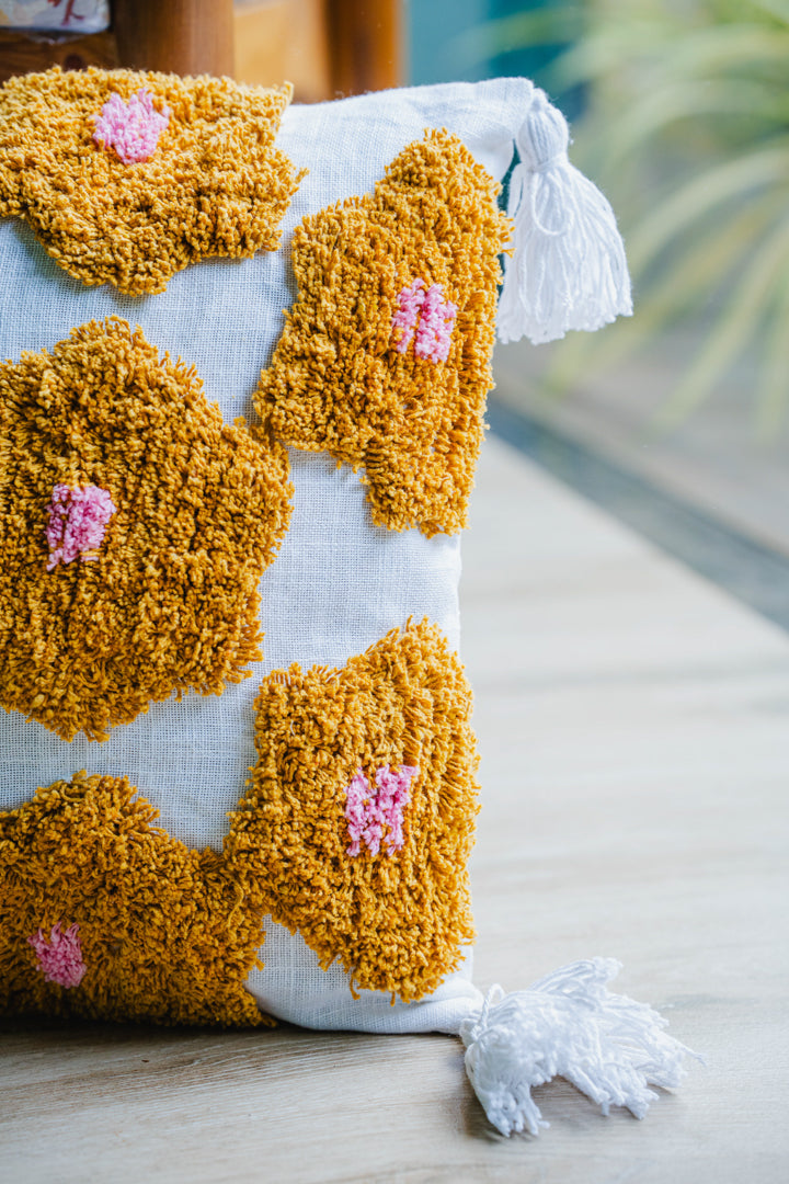 Yellow Floral Tufted Cushion Cover