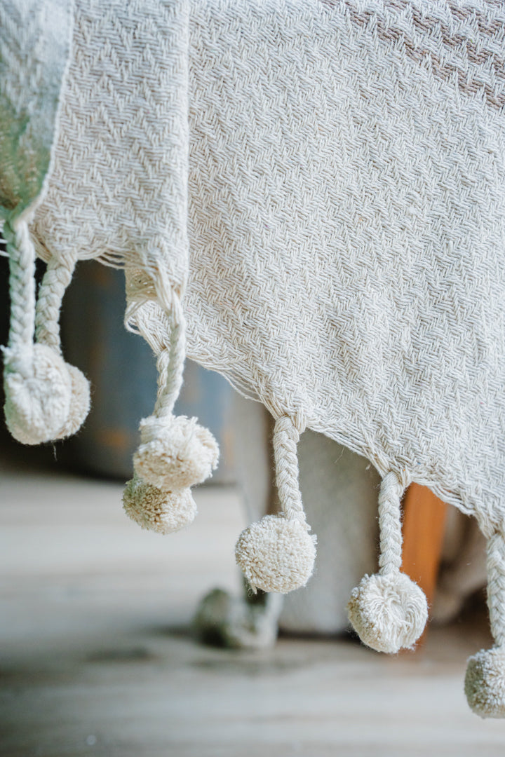 Beige/White Sofa Throw with Tassels