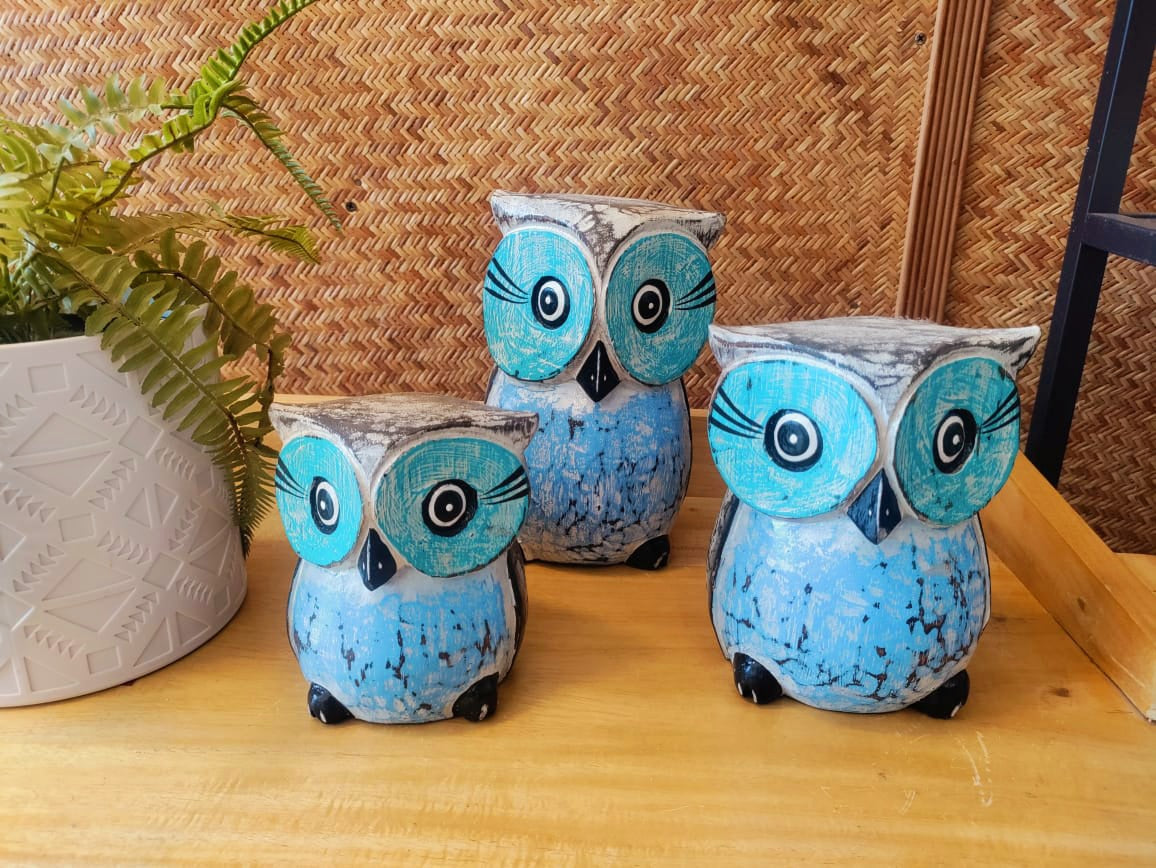 Big Owl Set of Three Blue Small