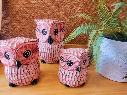 Wooden Owl Figurine Pink