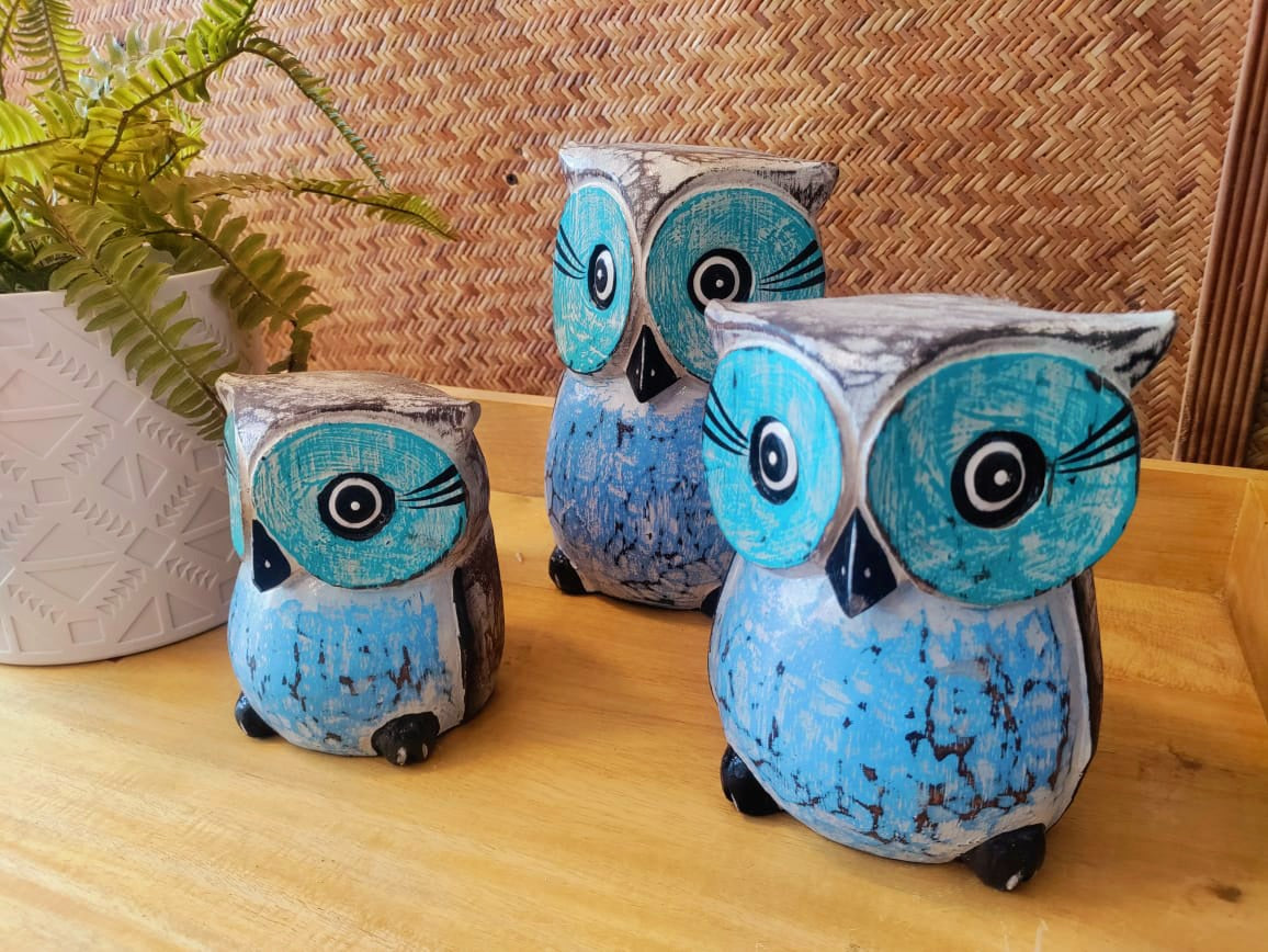 Big Owl Set of Three Blue Small