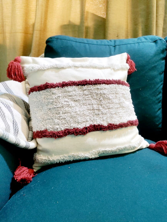 Bohemian Tufted Cotton Red/White Cushion Cover