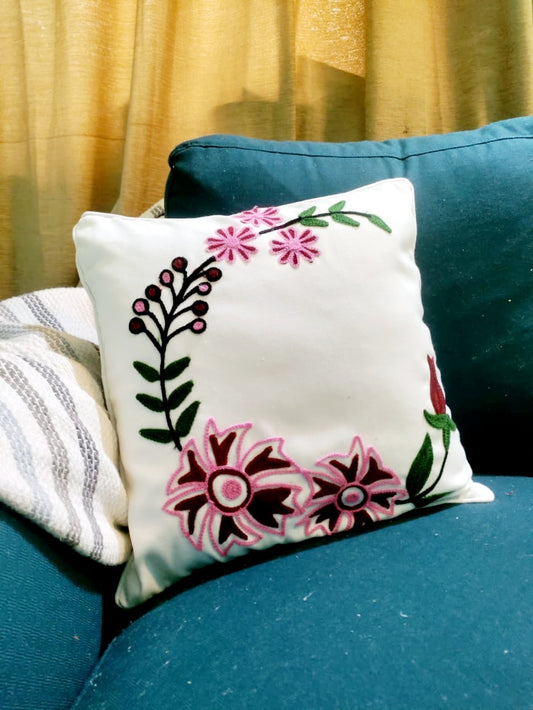 Embroidered Cotton Pink/White Cushion Cover