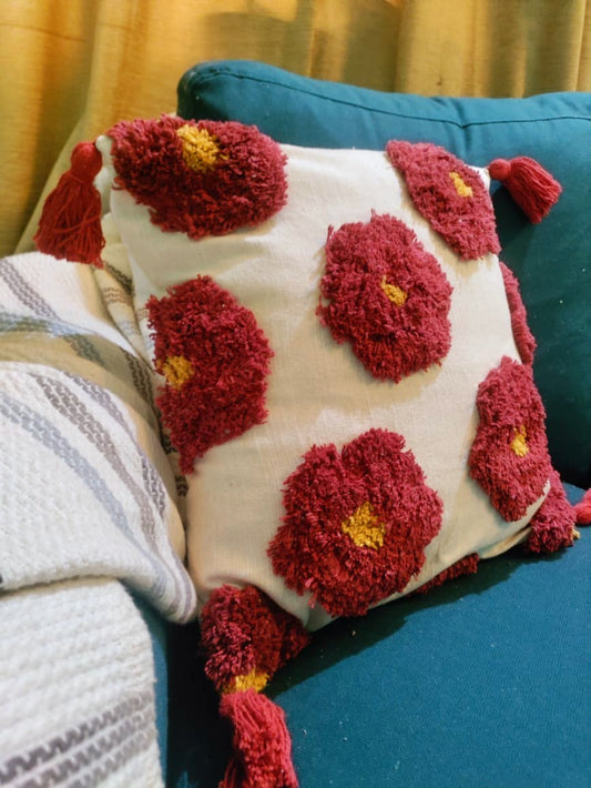 Bohemian Cotton Tufted Red Cushion Cover