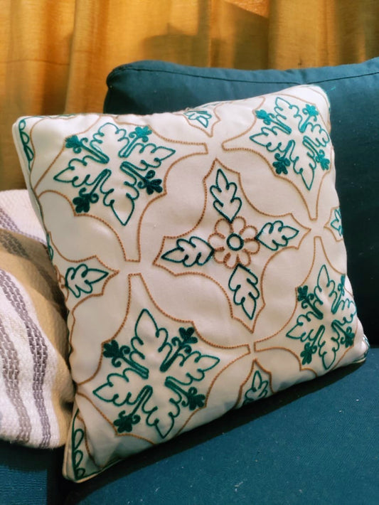 Embroidered Cotton Turquoise Blue/White Cushion Cover