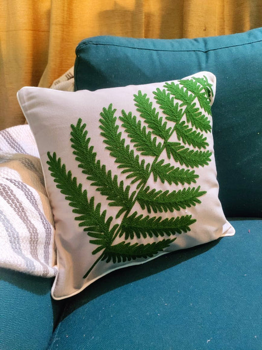 Embroidered Cotton Green Leaf Cushion Cover