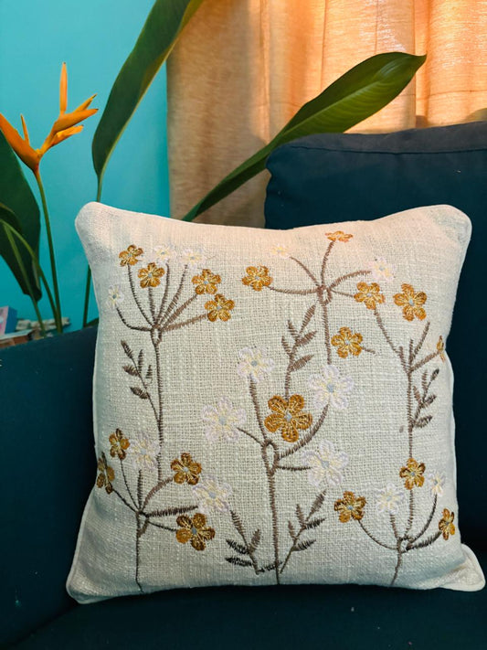 Yellow Floral Embroidery Cushion Cover