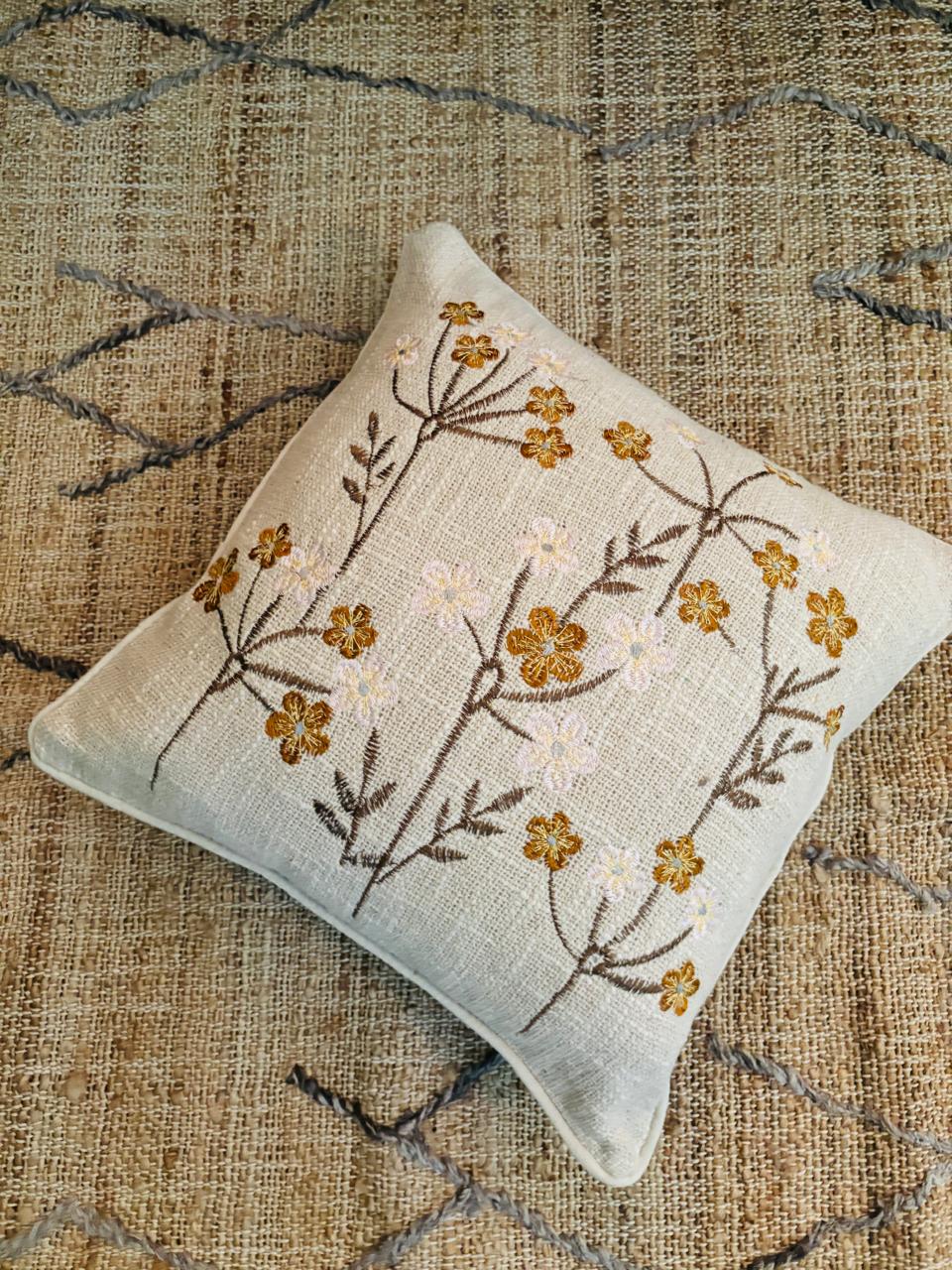Yellow Floral Embroidery Cushion Cover