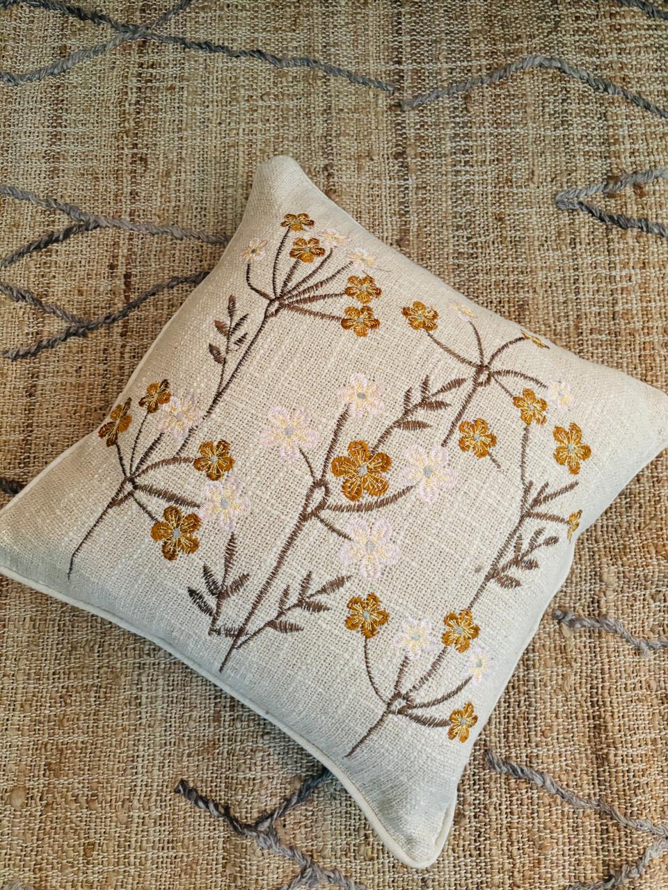 Yellow Floral Embroidery Cushion Cover