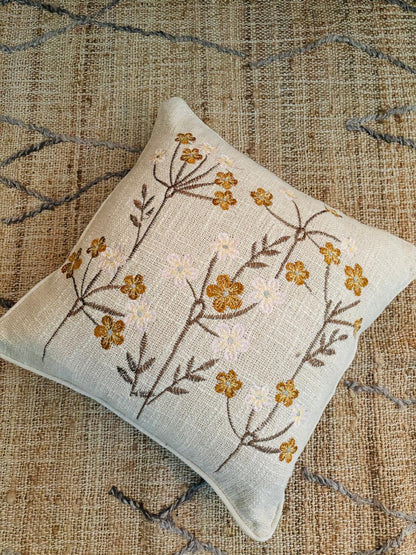 Yellow Floral Embroidery Cushion Cover