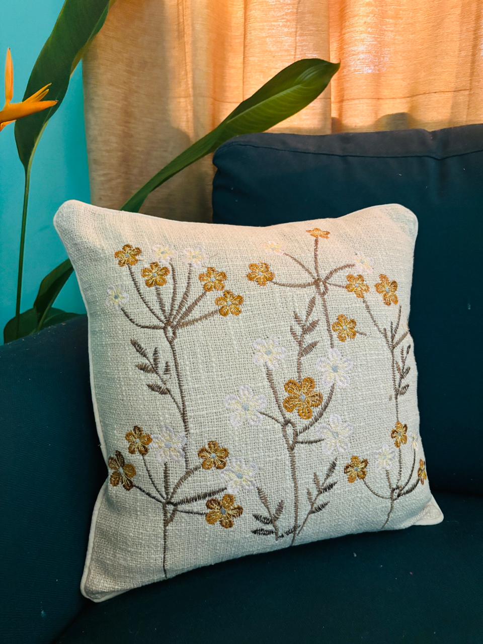 Yellow Floral Embroidery Cushion Cover