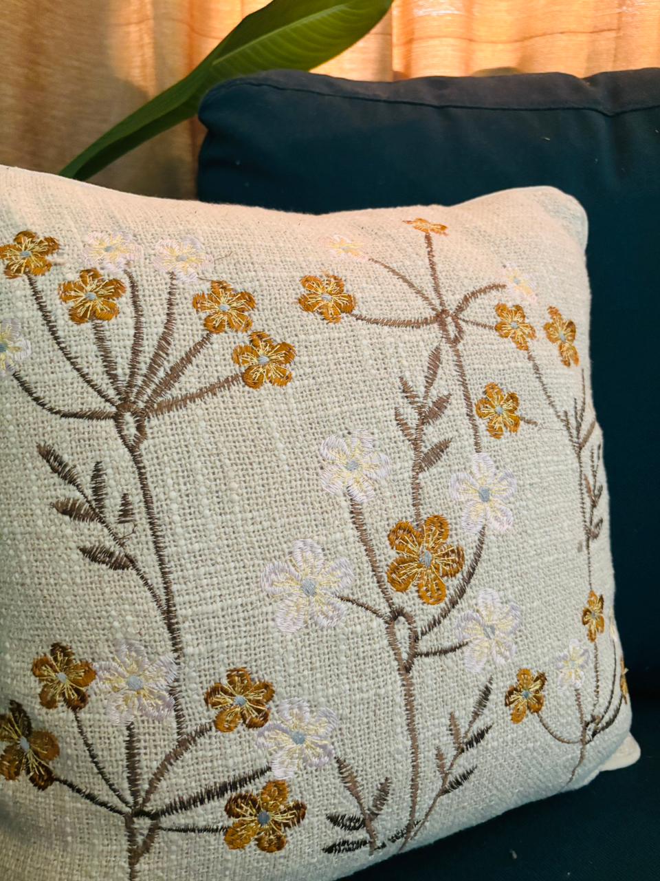 Yellow Floral Embroidery Cushion Cover