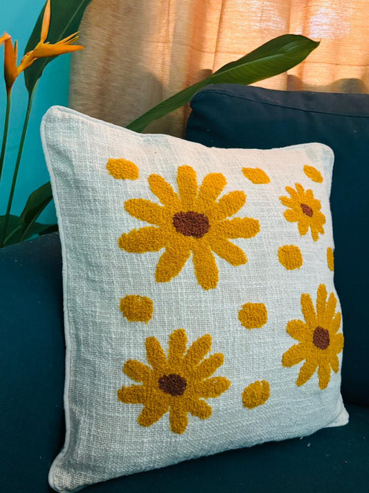 Yellow Embroidery Tufted Cushion Cover