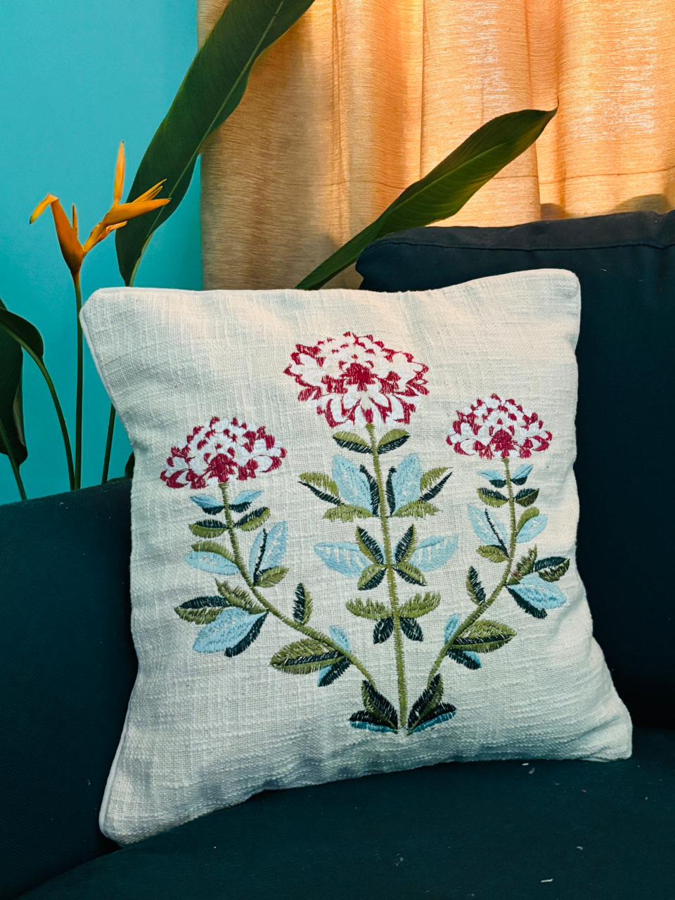 Pink & White Floral Embroidery Cushion Cover