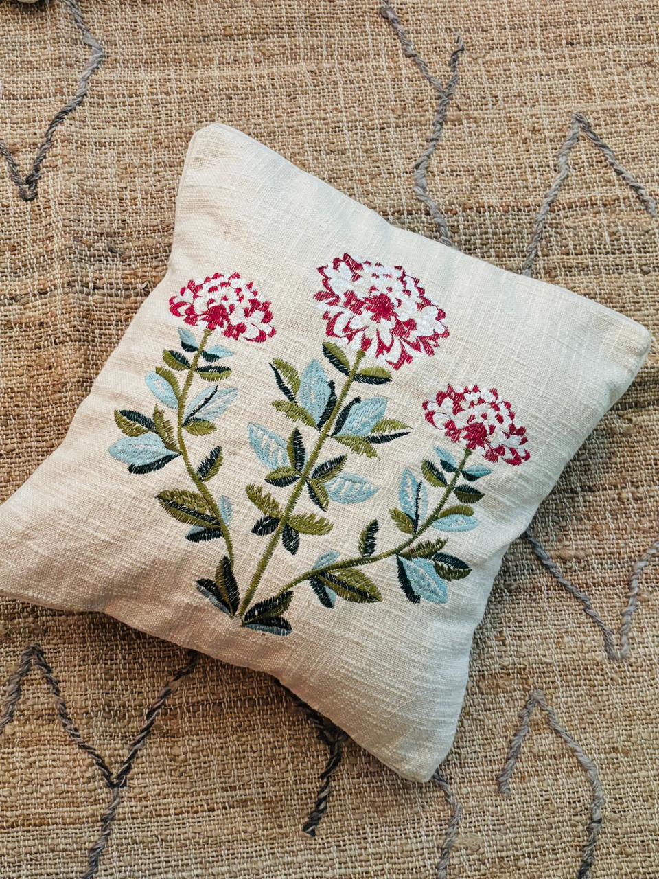 Pink & White Floral Embroidery Cushion Cover