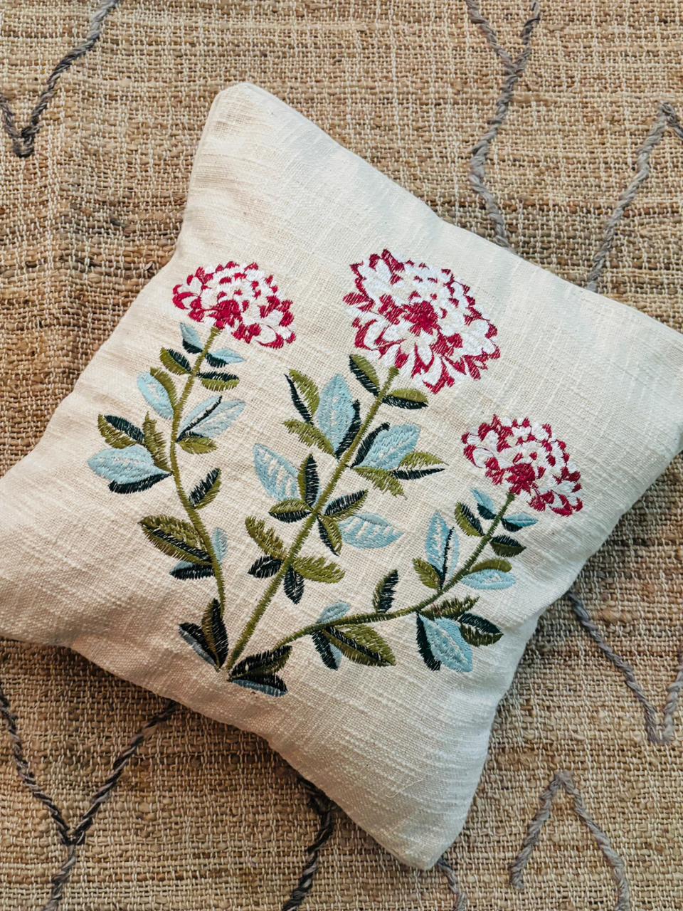 Pink & White Floral Embroidery Cushion Cover