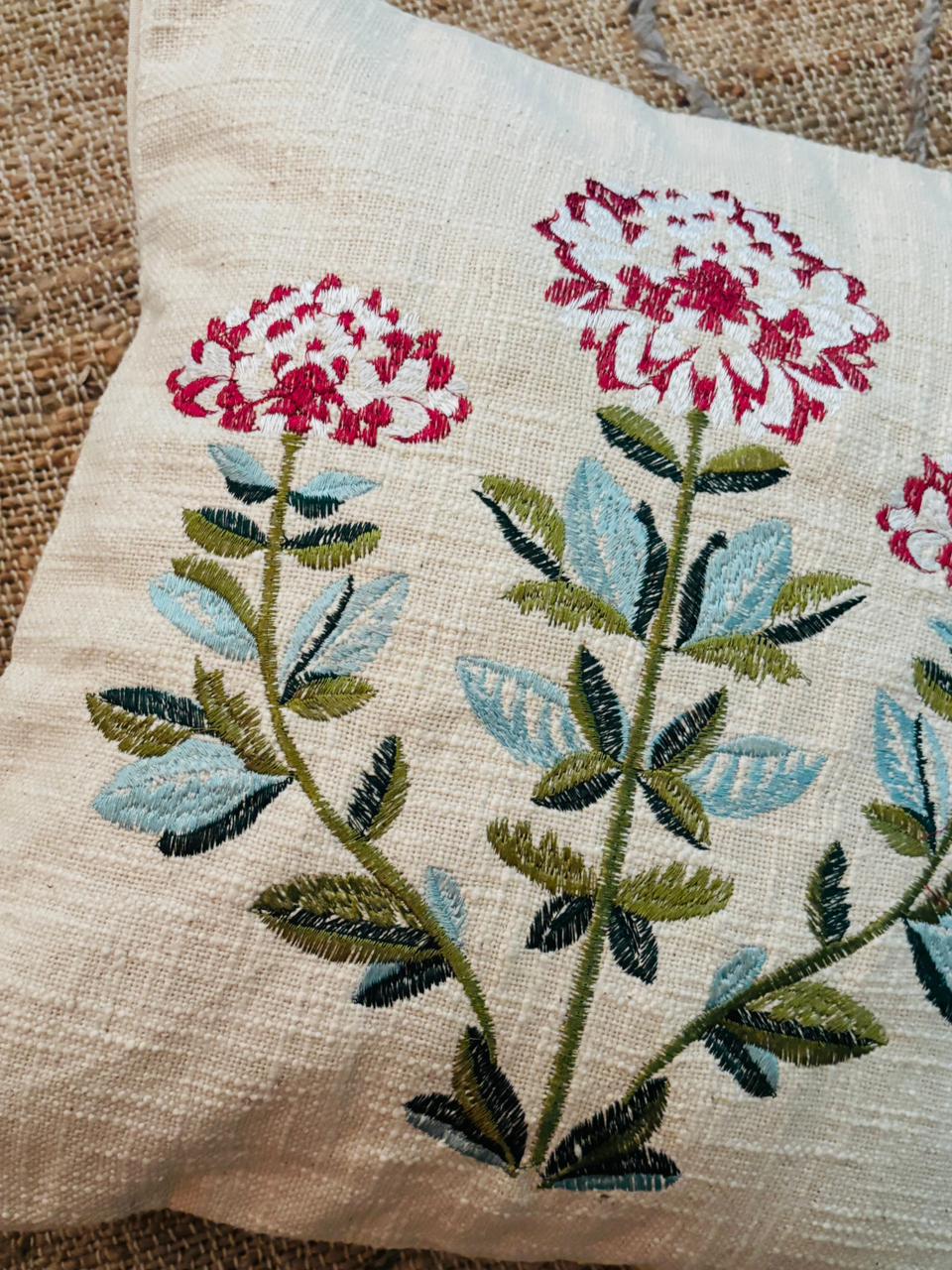 Pink & White Floral Embroidery Cushion Cover