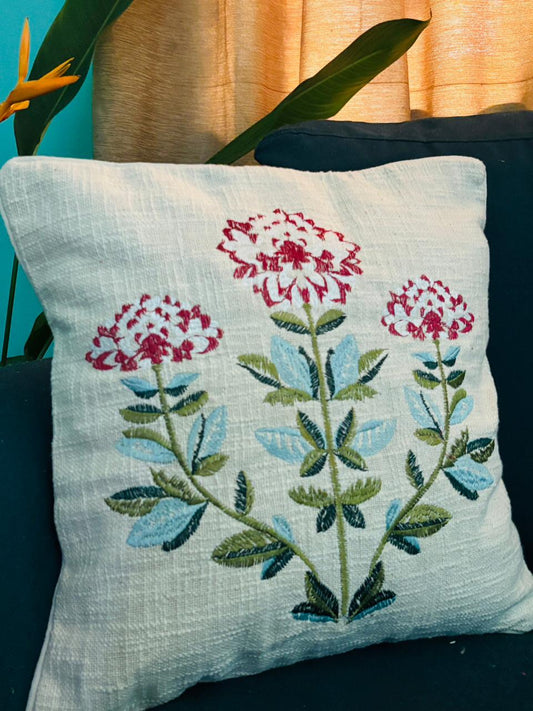 Pink & White Floral Embroidery Cushion Cover