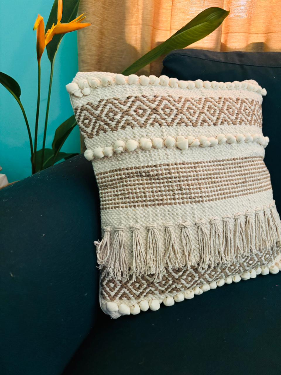 Bohemian Beige Cushion Cover with fringes
