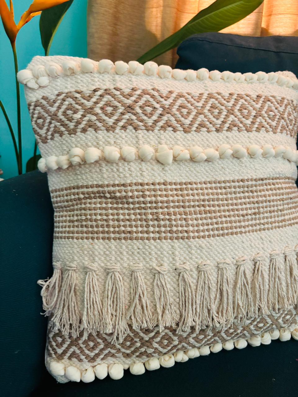 Bohemian Beige Cushion Cover with fringes