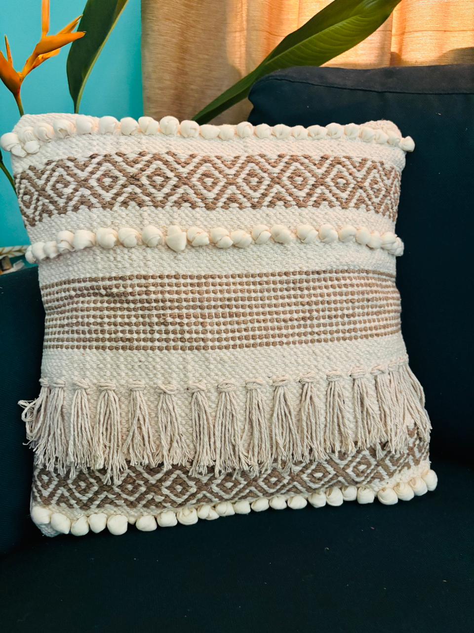 Bohemian Beige Cushion Cover with fringes