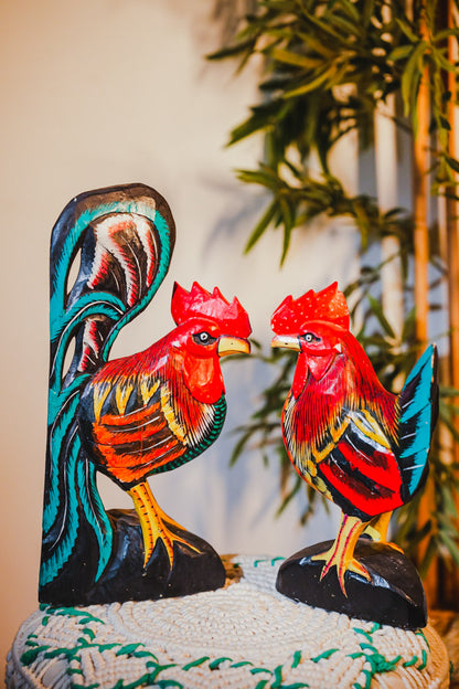 Wooden Rooster and Hen Pair
