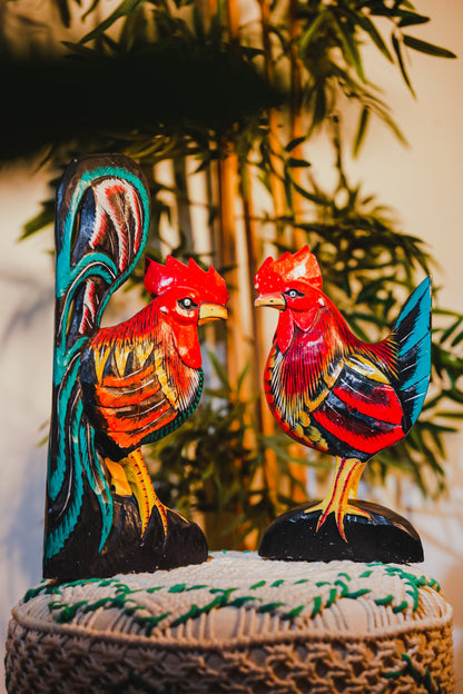 Wooden Rooster and Hen Pair