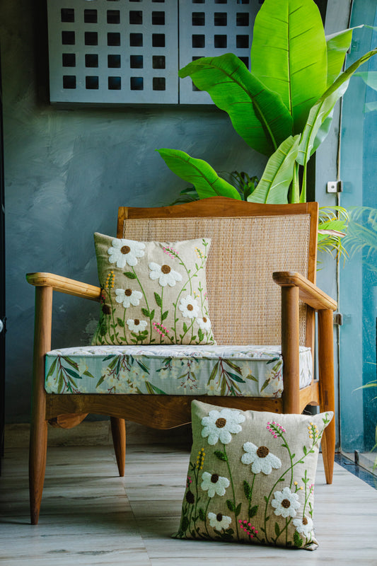 Floral Embroidery Brown/Beige Cushion Cover