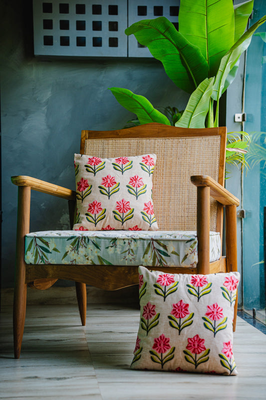 Pink & Green Floral Embroidery Cushion Cover