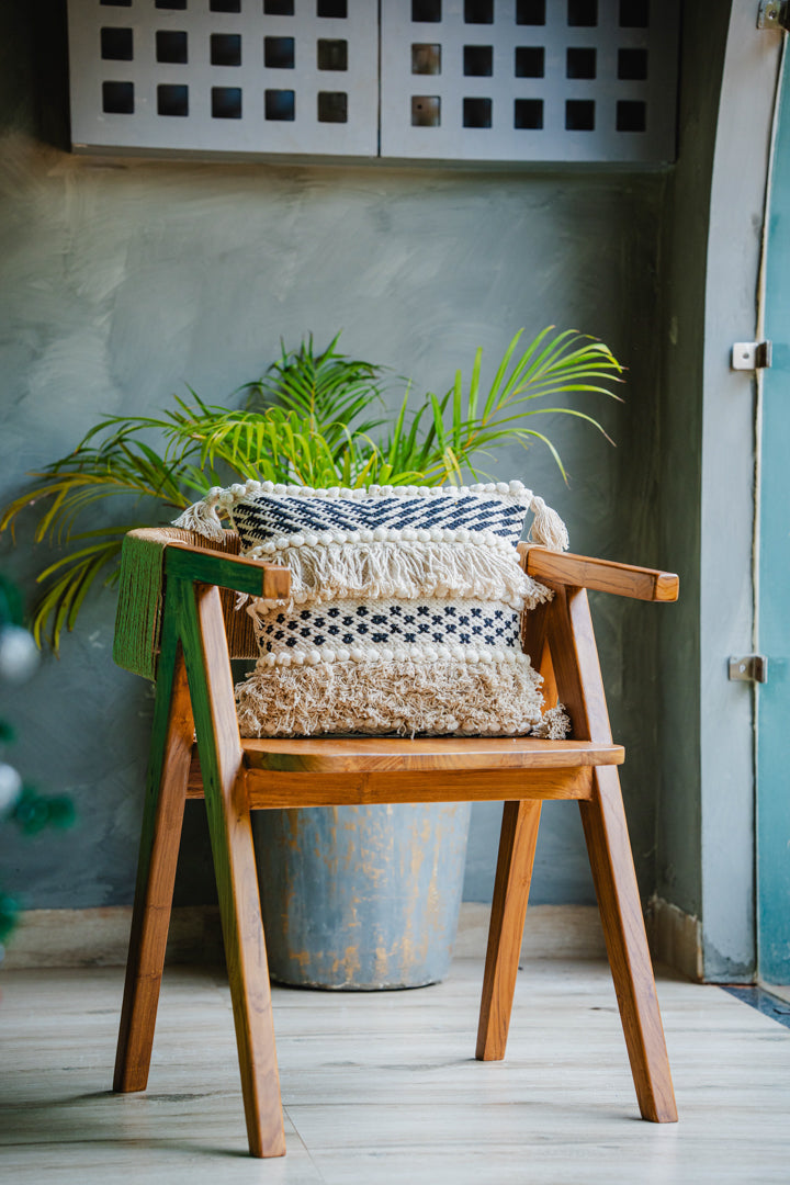 Bohemian Black/White Cushion Cover with Fringes