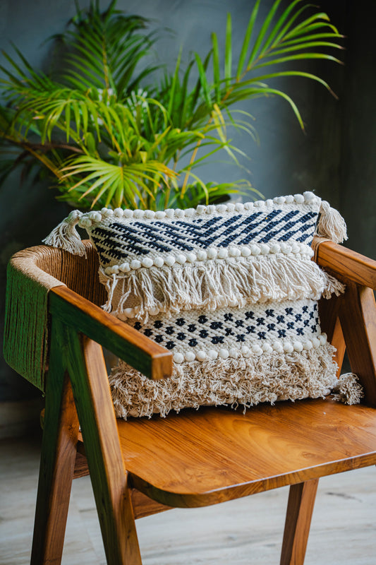Bohemian Black/White Cushion Cover with Fringes