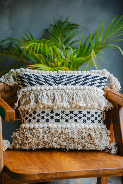 Bohemian Black/White Cushion Cover with Fringes