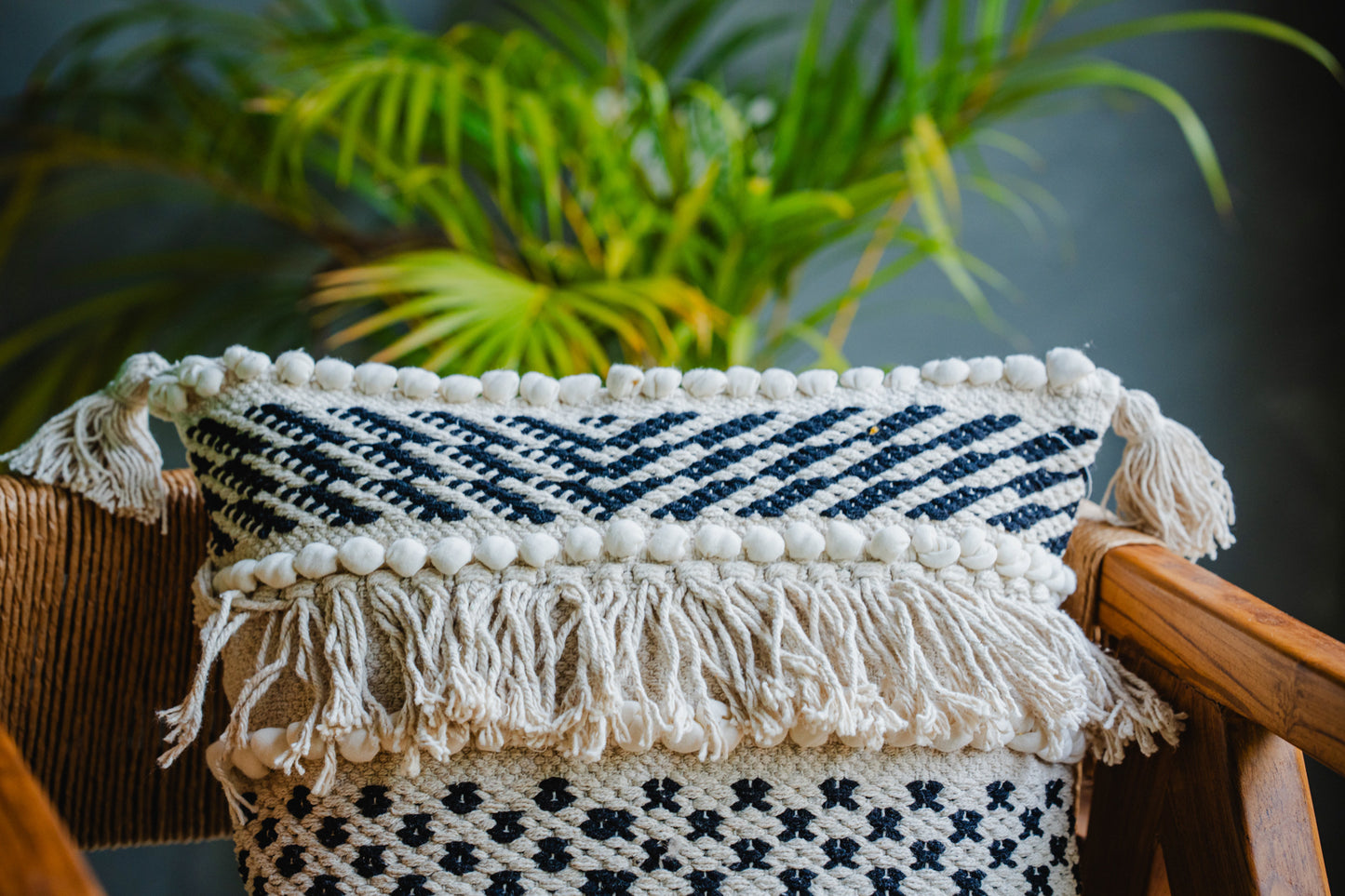 Bohemian Black/White Cushion Cover with Fringes