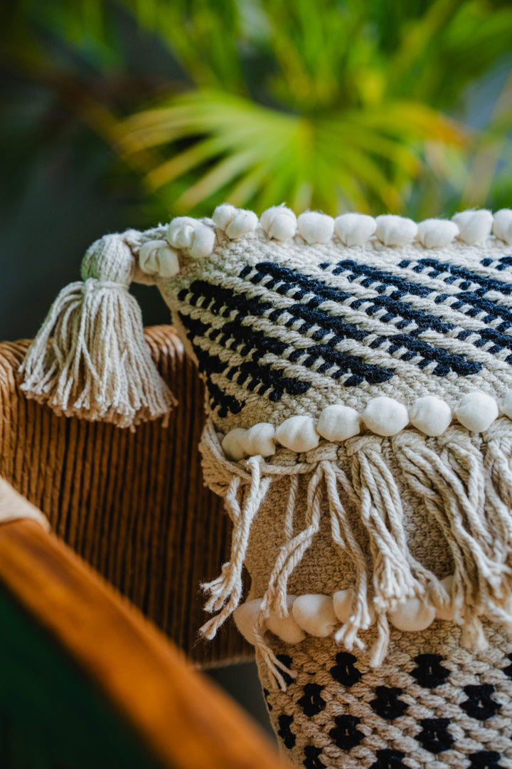 Bohemian Black/White Cushion Cover with Fringes