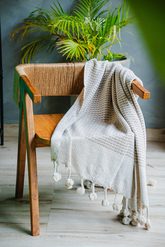 Beige/White Sofa Throw with Tassels