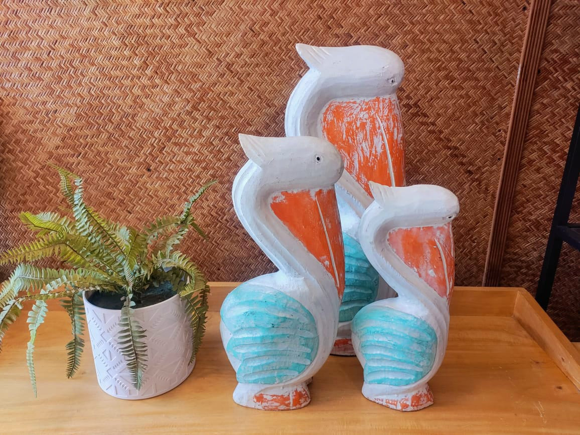 Set of 3 Pelicans Light Blue With Orange